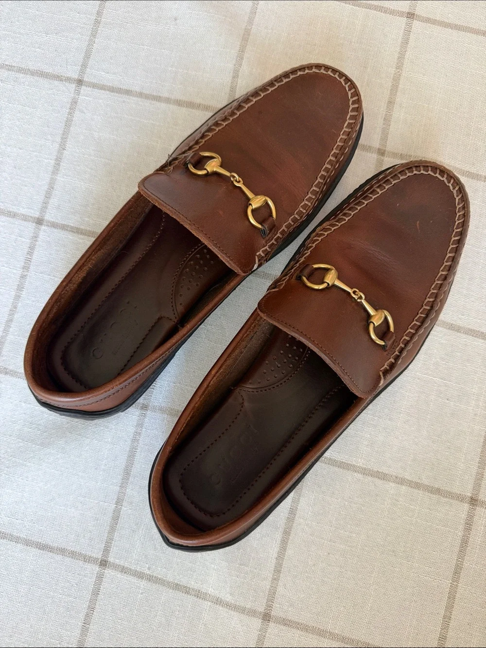 Gucci Brown Leather Gold Horsebit Loafers Size 8